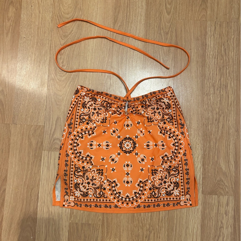 Orange Paisley Mini Skirt with Waist Tie Detail size S